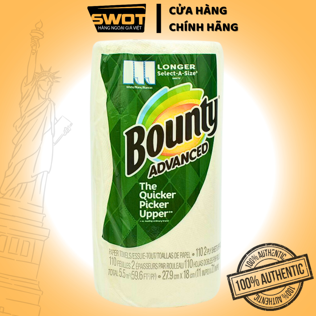 Khăn giấy cuộn Bounty Advanced Mỹ 430cm 107 tờ, Cuộn khăn giấy Mỹ, lau bếp lau tay, thấm dầu đa năng