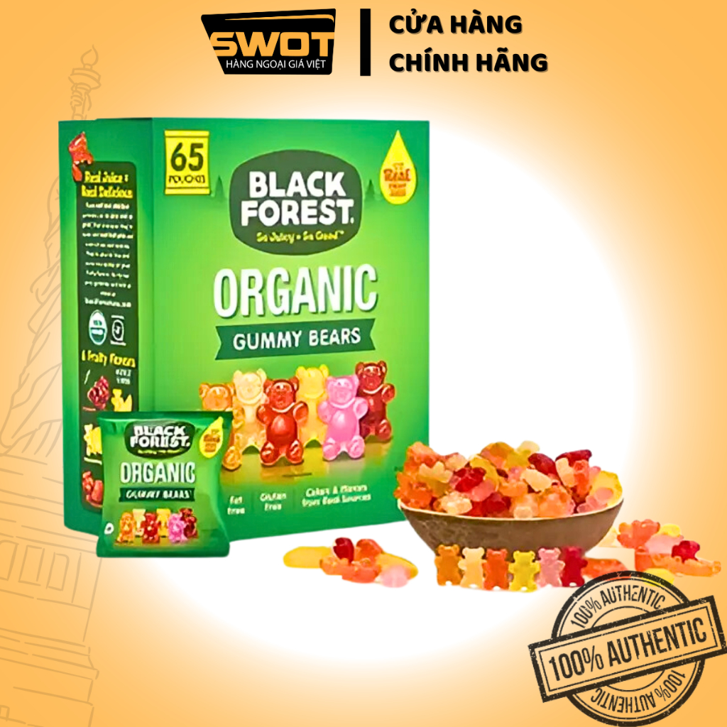 Kẹo dẻo Black Forest Organic Gummy Bears 1.47Kg 65gói Mỹ, Kẹo dẻo gấu mềm dẻo thơm ngon giàu vitamin