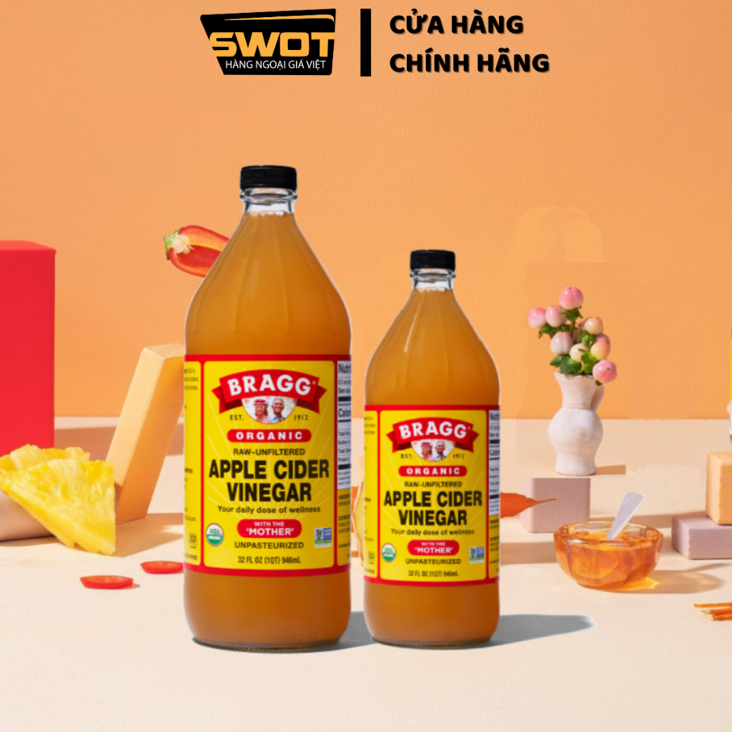 Giấm táo hữu cơ Bragg Mỹ 473ml có Giấm Cái, Dấm táo hỗ trợ ăn kiêng, giảm mỡ thừa, giảm mùi cơ thể