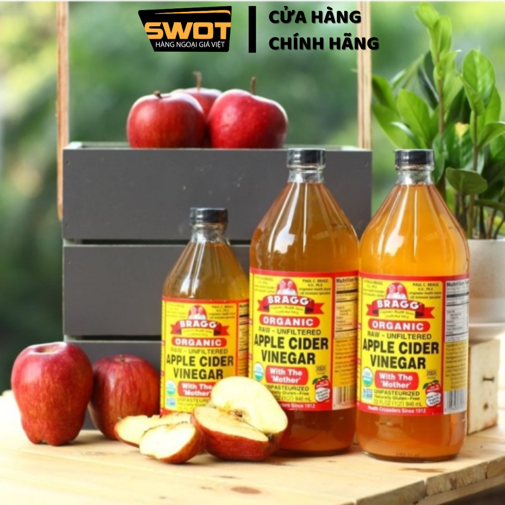 Giấm táo hữu cơ Bragg Mỹ 473ml có Giấm Cái, Dấm táo hỗ trợ ăn kiêng, giảm mỡ thừa, giảm mùi cơ thể