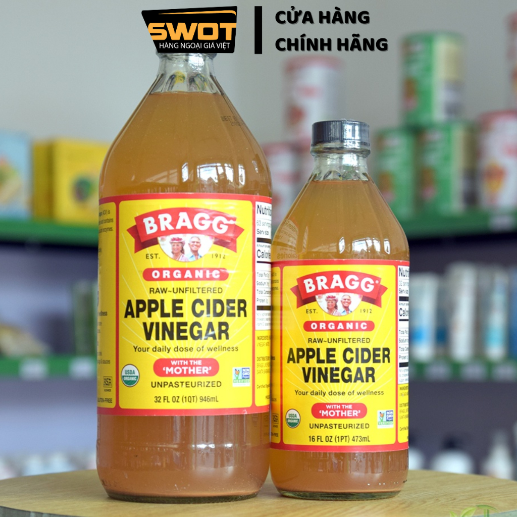 Giấm táo hữu cơ Bragg Mỹ 473ml có Giấm Cái, Dấm táo hỗ trợ ăn kiêng, giảm mỡ thừa, giảm mùi cơ thể