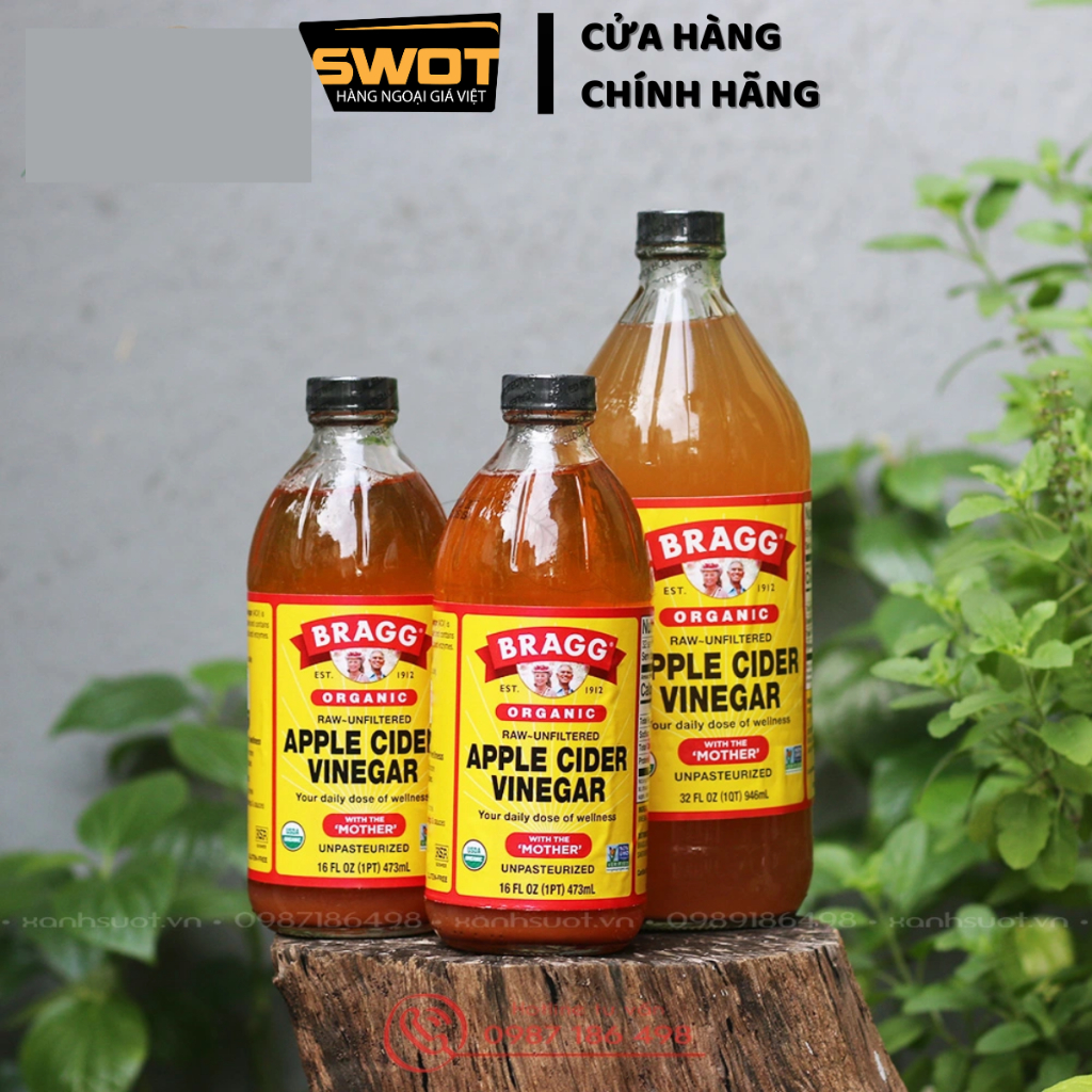 Giấm táo hữu cơ Bragg Mỹ 473ml có Giấm Cái, Dấm táo hỗ trợ ăn kiêng, giảm mỡ thừa, giảm mùi cơ thể