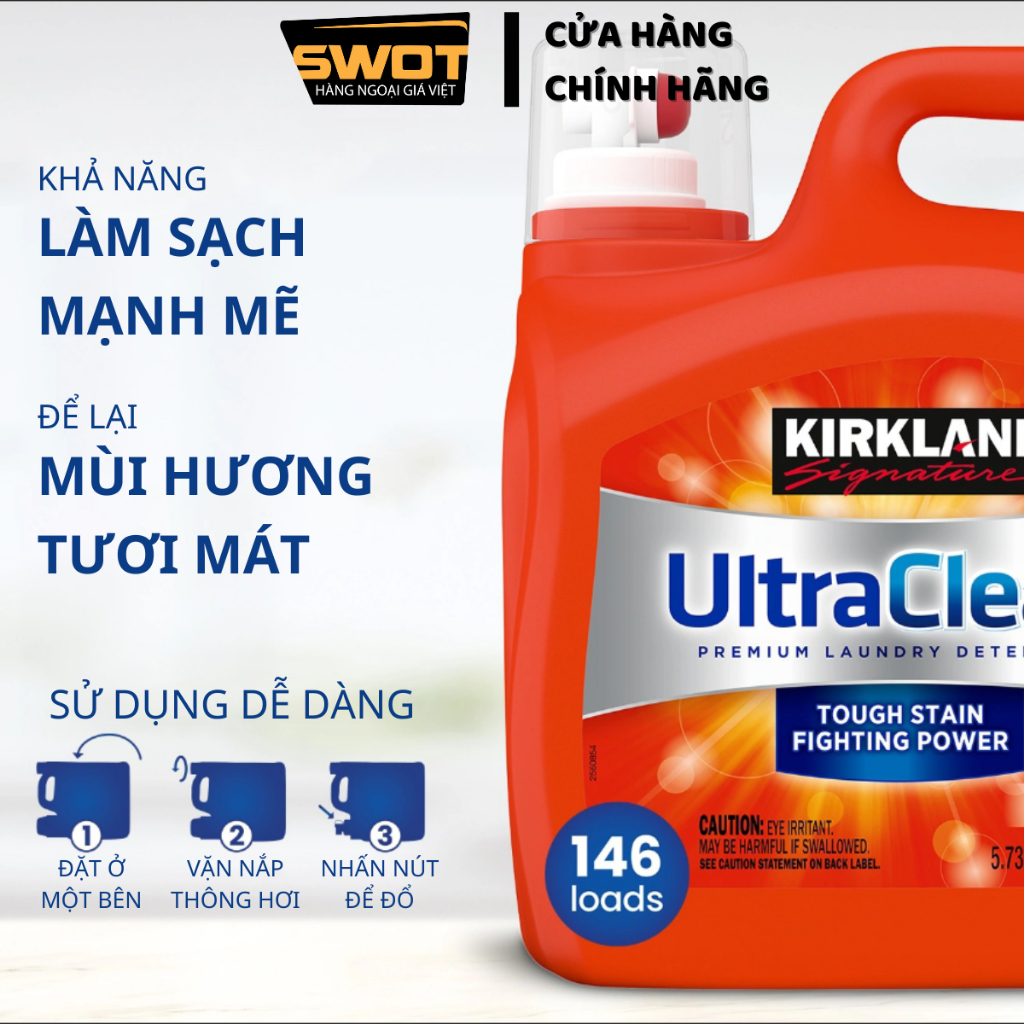 Nước giặt Kirkland Ultra Clean Mỹ 5.73L, Nước giặt Mỹ, kết hợp 3 trong 1 giặt-xả-khử mùi kháng khuẩn