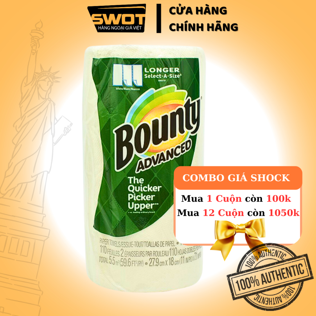 Khăn giấy cuộn Bounty Advanced Mỹ 430cm 107 tờ, Cuộn khăn giấy Mỹ, lau bếp lau tay, thấm dầu đa năng