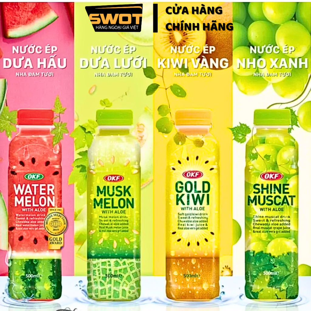 Nước trái cây thạch nha đam OKF Hàn Quốc 500ml nhiều vị, Nước ép trái cây tươi, giàu dinh dưỡng