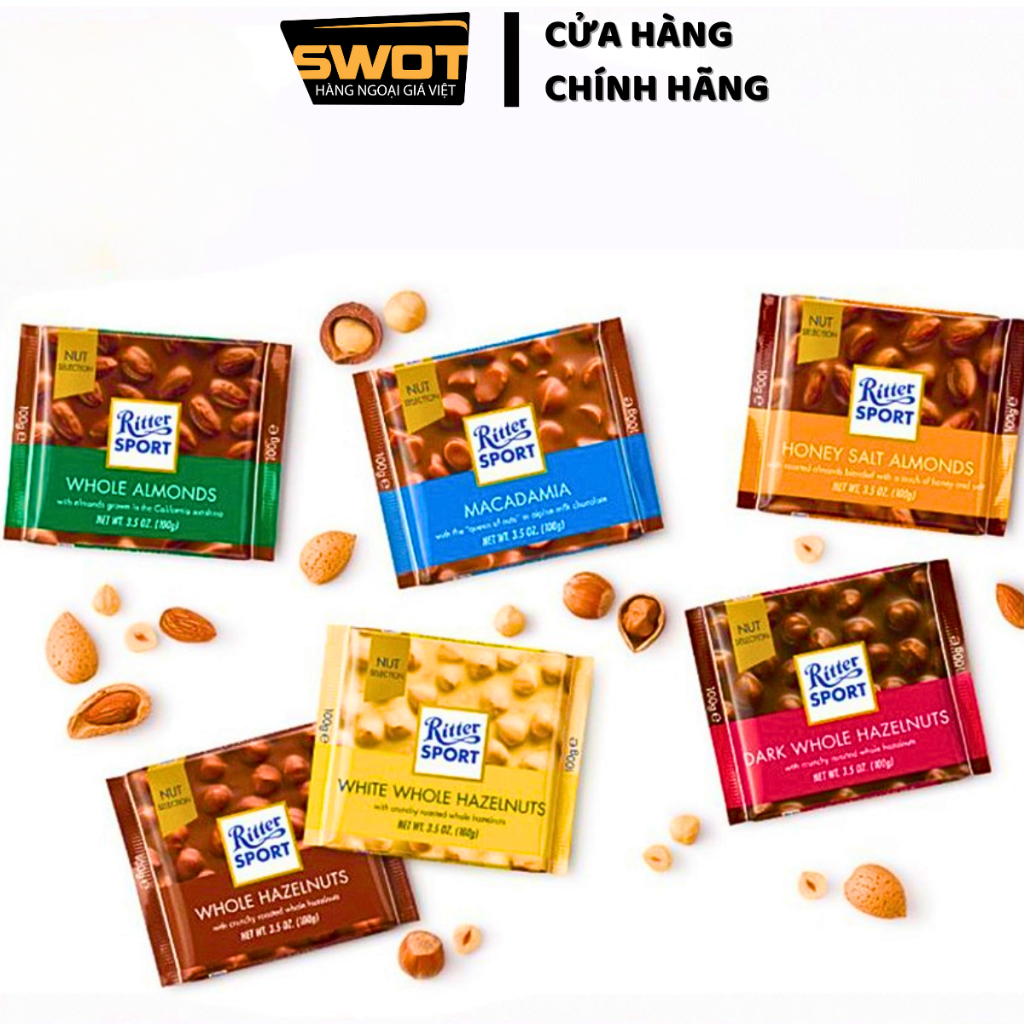 Socola Ritter Sport Đức nhiều vị 100g, Socola Đức cao cấp, thơm ngon hảo hạng, đậm vị cacao thơm béo