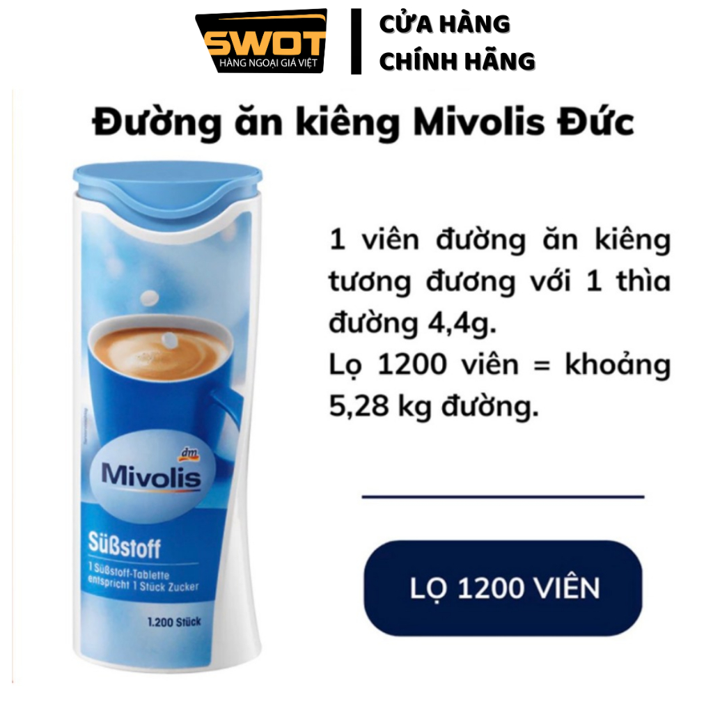 Đường ăn kiêng Mivolis Đức 72g 1200 viên, Đường ăn kiêng Đức ít calorie, hỗ trợ ăn kiêng giảm cân