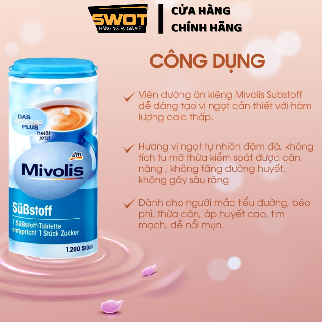 Đường ăn kiêng Mivolis Đức 72g 1200 viên, Đường ăn kiêng Đức ít calorie, hỗ trợ ăn kiêng giảm cân