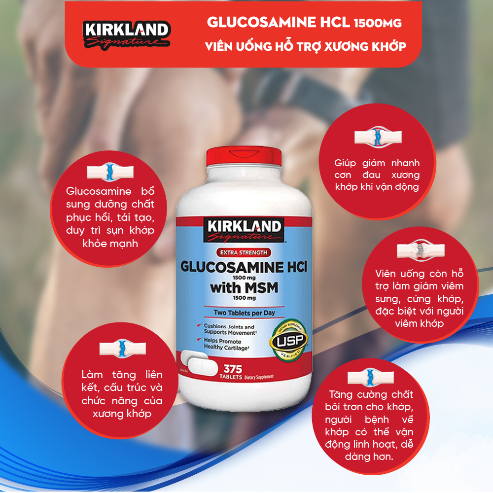 Glucosamine & MSM 1500mg 375 viên Kirkland Signature, viên uống giảm đau xương khớp, khớp khỏe mạnh - SWOT