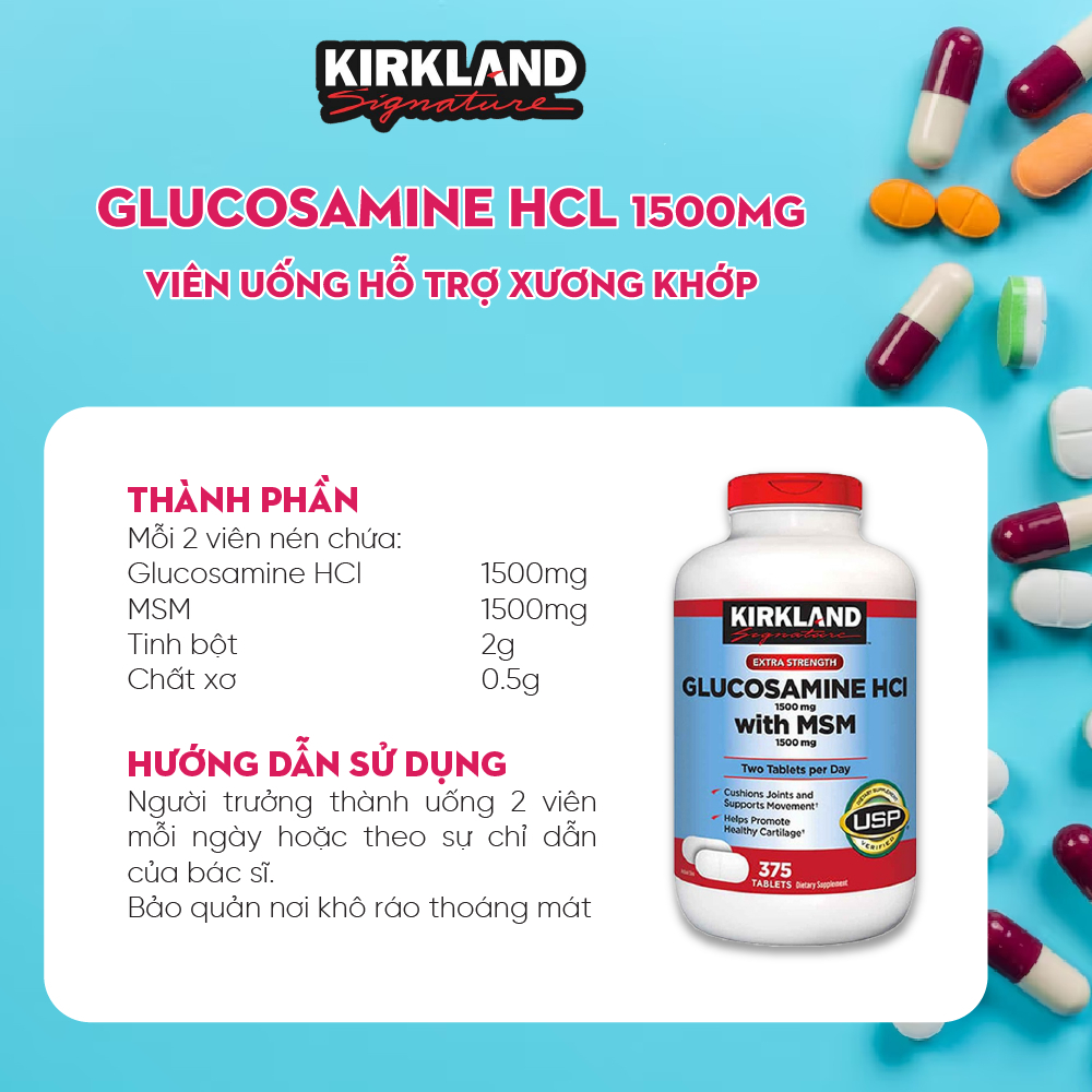 Glucosamine & MSM 1500mg 375 viên Kirkland Signature, viên uống giảm đau xương khớp, khớp khỏe mạnh - SWOT
