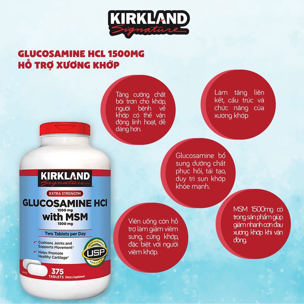 Glucosamine & MSM 1500mg 375 viên Kirkland Signature, viên uống giảm đau xương khớp, khớp khỏe mạnh - SWOT