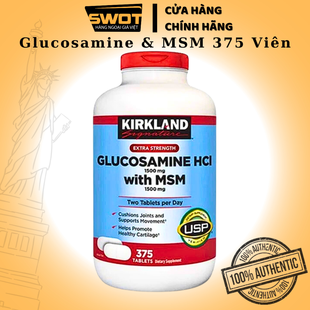Glucosamine & MSM 1500mg 375 viên Kirkland Signature, viên uống giảm đau xương khớp, khớp khỏe mạnh - SWOT