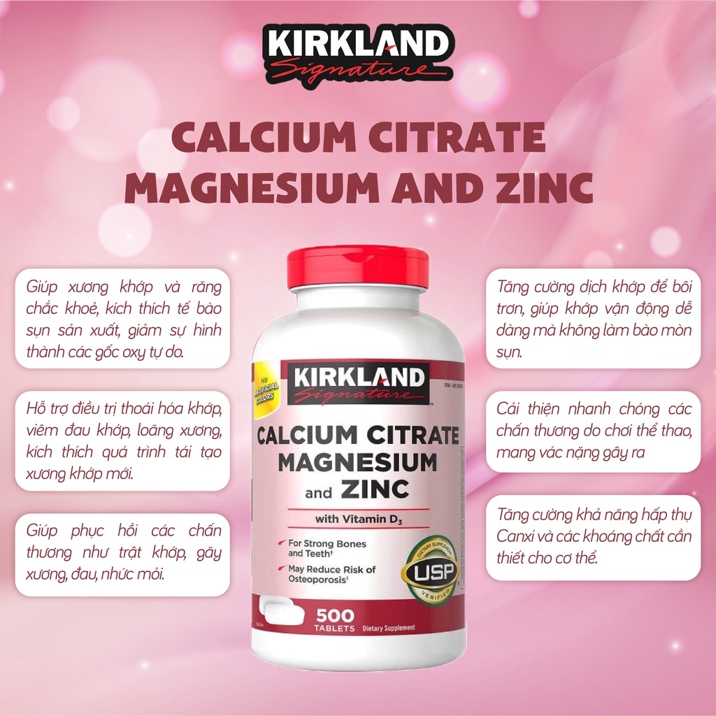 Viên uống canxi, magie, kẽm Kirkland Signature Calcium Citrate Magnesium And Zinc 500mg 500 viên