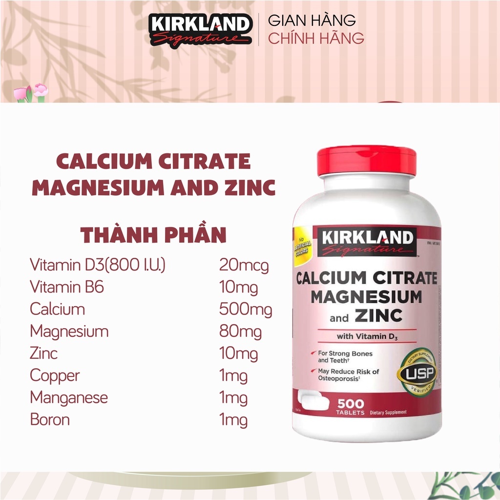 Viên uống canxi, magie, kẽm Kirkland Signature Calcium Citrate Magnesium And Zinc 500mg 500 viên