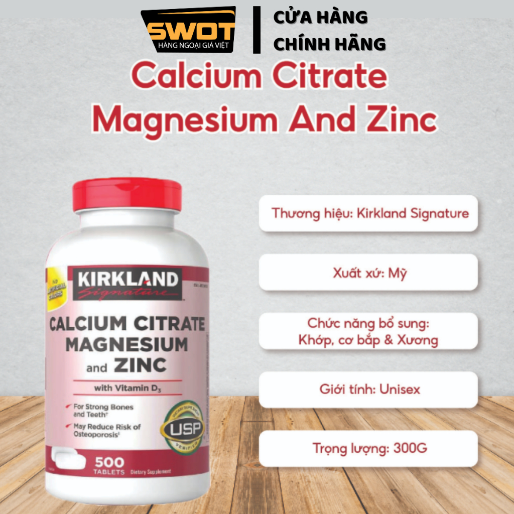 Viên uống canxi, magie, kẽm Kirkland Signature Calcium Citrate Magnesium And Zinc 500mg 500 viên