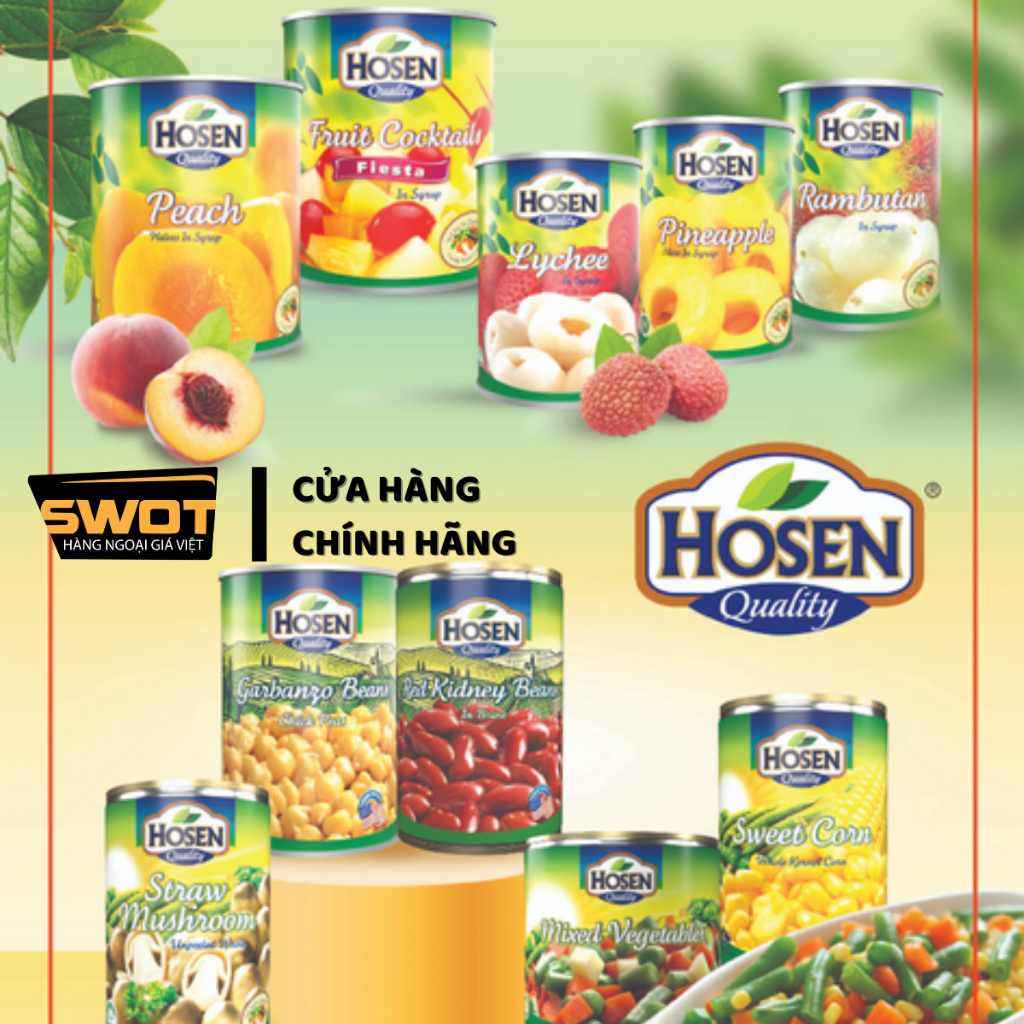 Trái cây ngâm đường Hosen Singapore nhiều vị, Đào, Vải, Cam Dứa, Thơm, Củ Năng đóng hộp thơm ngon