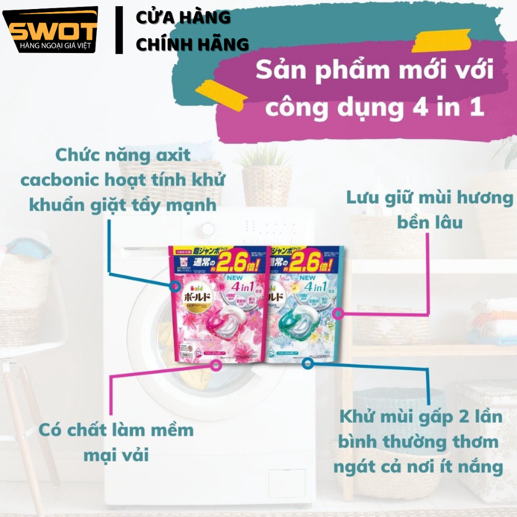 Viên giặt xả Gel Ball Bold 4in1 Nhật, Viên xả giặt làm sạch làm mềm quần áo lưu hương lâu diệt khuẩn - SWOT