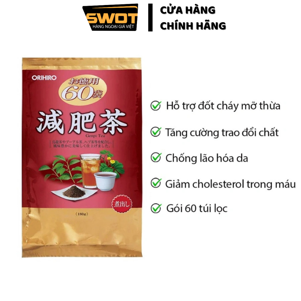 Trà Orihiro Genpi Nhật nhiều vị 60 gói x 3g, Trà thanh lọc hỗ trợ giảm mỡ thừa, thanh nhiệt thải độc