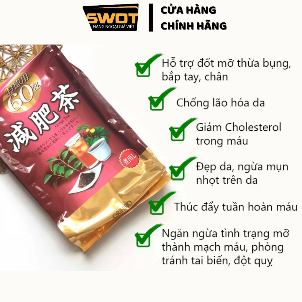 Trà Orihiro Genpi Nhật nhiều vị 60 gói x 3g, Trà thanh lọc hỗ trợ giảm mỡ thừa, thanh nhiệt thải độc