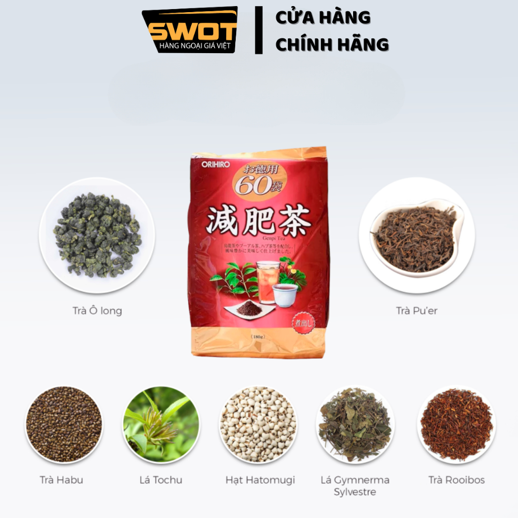 Trà Orihiro Genpi Nhật nhiều vị 60 gói x 3g, Trà thanh lọc hỗ trợ giảm mỡ thừa, thanh nhiệt thải độc