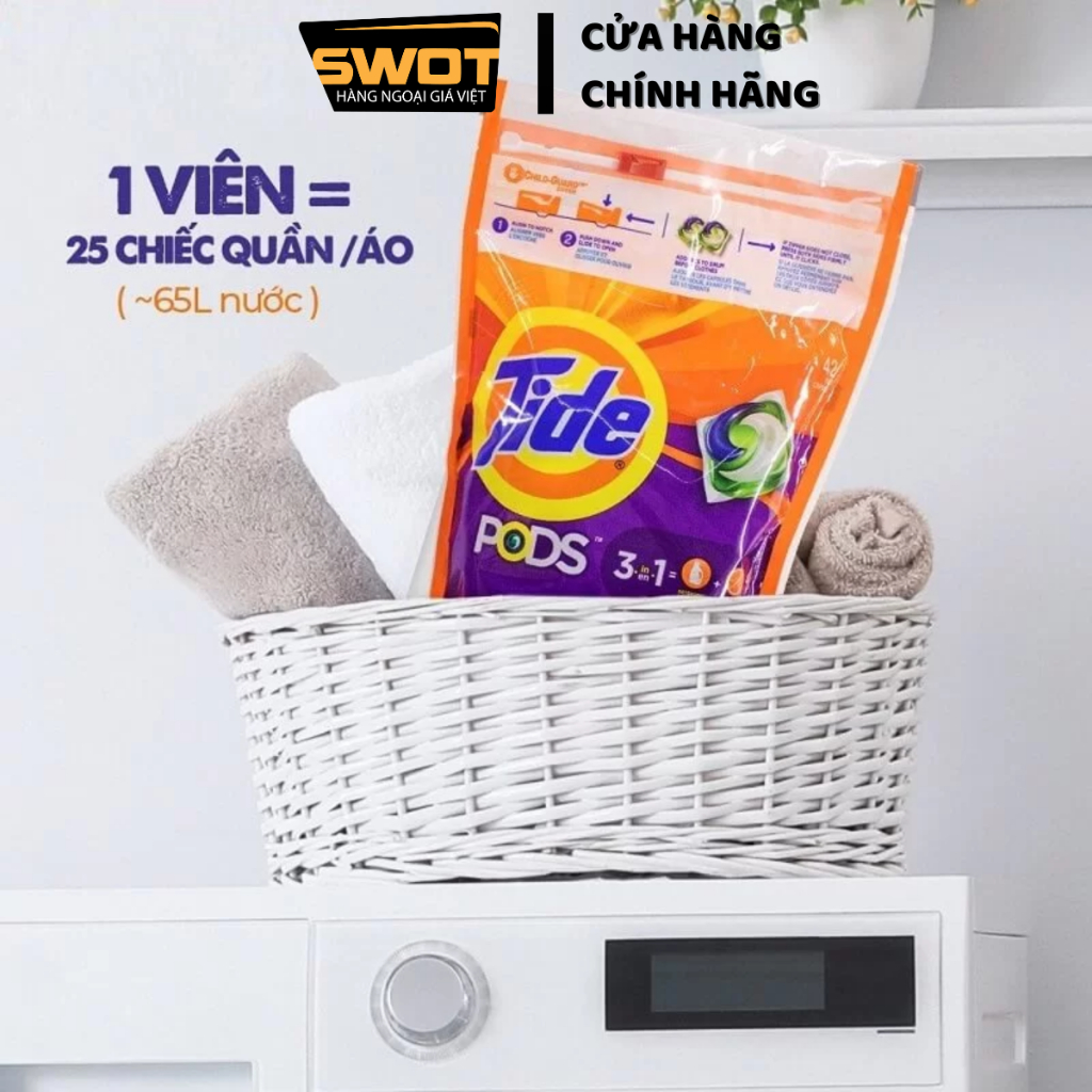 Túi viên giặt Tide Pods Mỹ, Viên giặt quần áo Tide Mỹ cao cấp, sạch thơm bền lâu, giữ màu quần áo