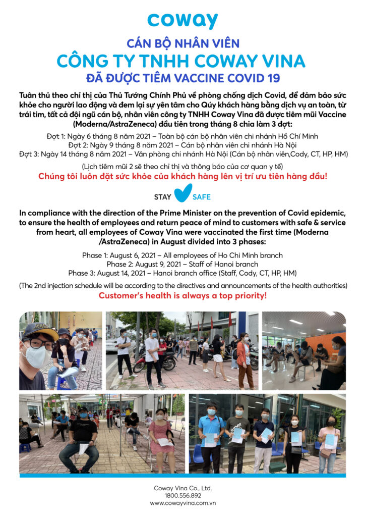 Toàn bộ nhân viên công ty TNHH Coway Vina đã được tiêm vacxin Covid 19