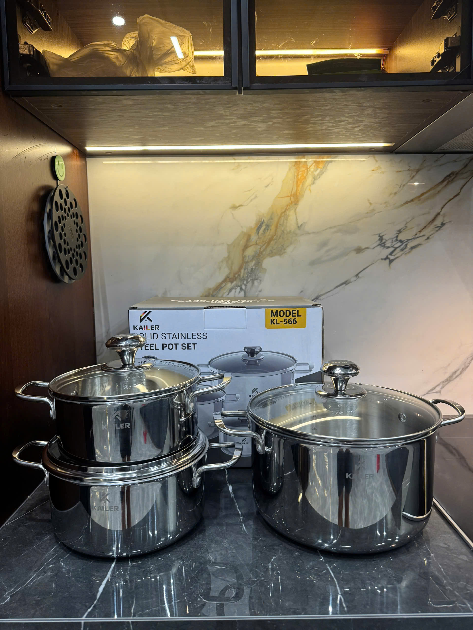 Bộ nồi 3 món đáy liền khối 3 lớp inox Kailer, KL-566