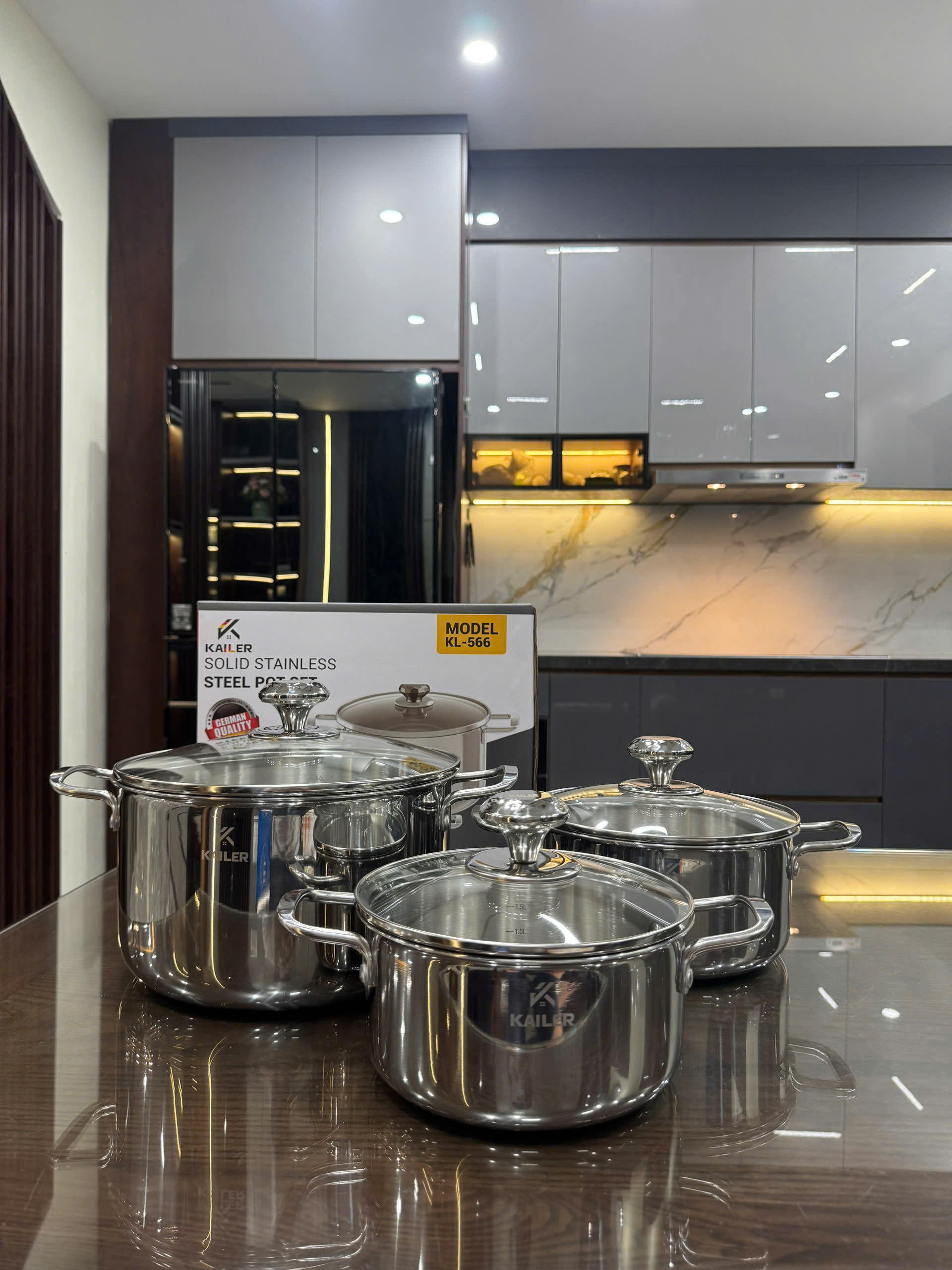 Bộ nồi 3 món đáy liền khối 3 lớp inox Kailer, KL-566