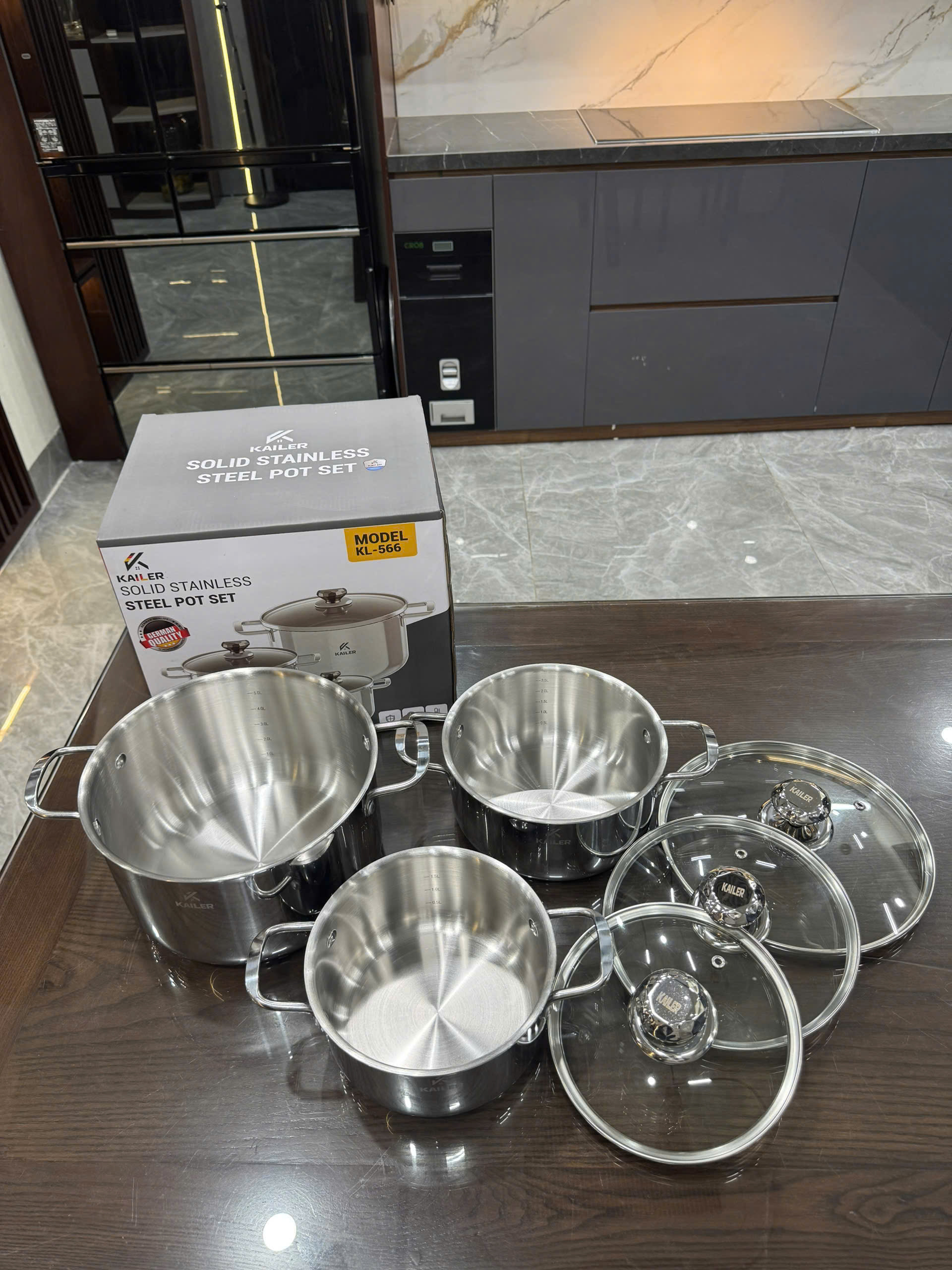 Bộ nồi 3 món đáy liền khối 3 lớp inox Kailer, KL-566