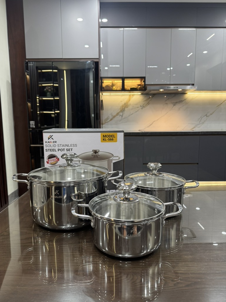 Bộ nồi 3 món đáy liền khối 3 lớp inox Kailer, KL-566