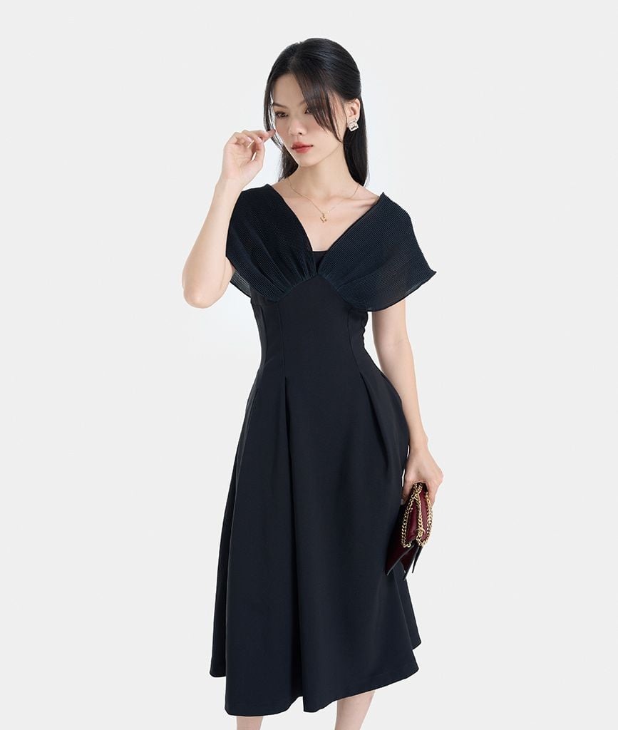 ĐẦM MIDI XOÈ PHỐI VẢI DẬP LY