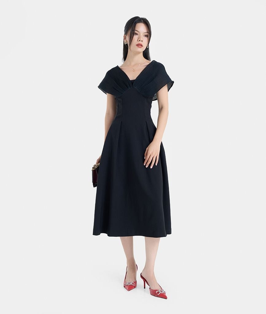 ĐẦM MIDI XOÈ PHỐI VẢI DẬP LY