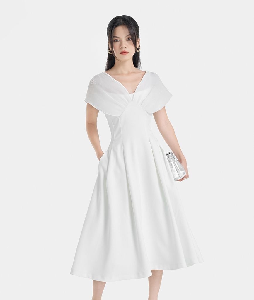 ĐẦM MIDI XOÈ PHỐI VẢI DẬP LY