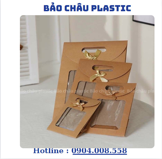 Túi hộp đựng món quà nguyên liệu giấy Kraft một mặt trong quãng có tay xách đính nơ