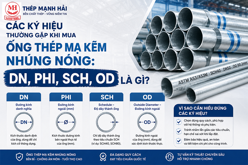 Các ký hiệu thường gặp khi mua ống thép mạ kẽm nhúng nóng: DN, Phi, SCH, OD là gì?