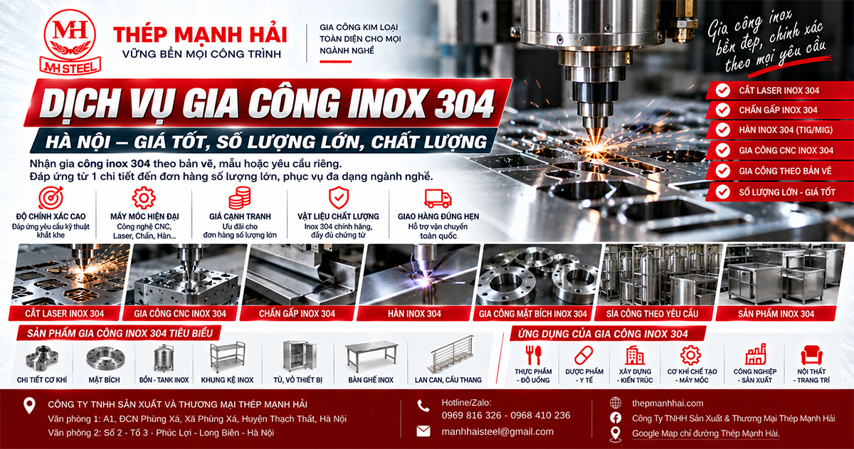 Dịch vụ gia công inox 304 Hà Nội giá tốt, số lượng lớn, chất lượng