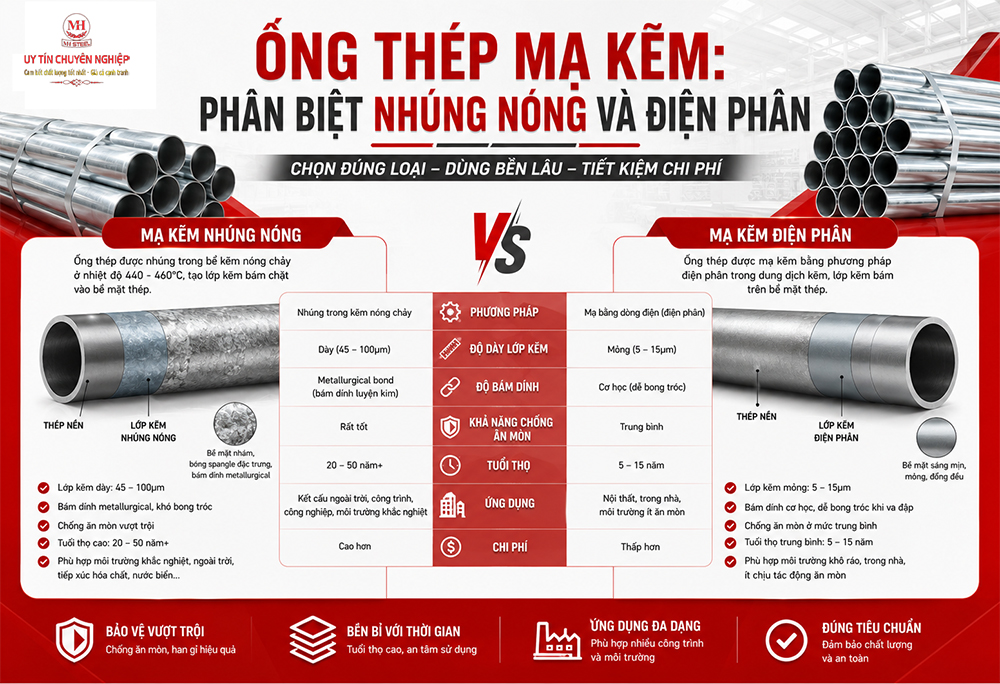 Ống thép mạ kẽm: Phân biệt nhúng nóng và điện phân (Mạ kẽm và Mạ kẽm nhúng nóng)