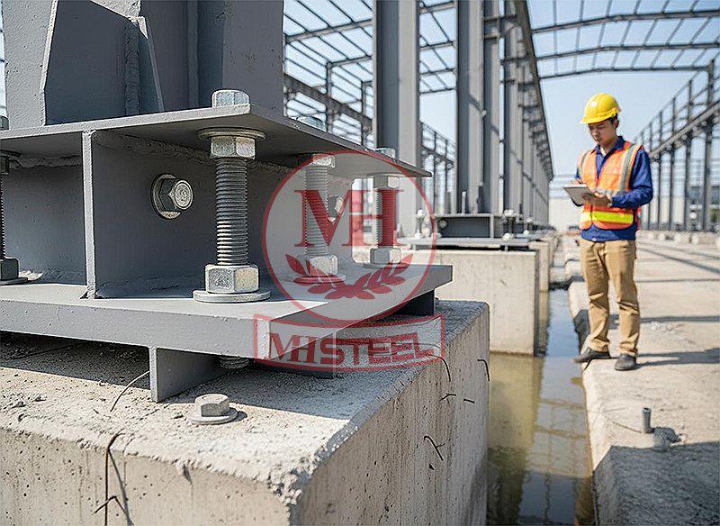 Kỹ sư kiểm tra chân cột thép liên kết với móng bê tông