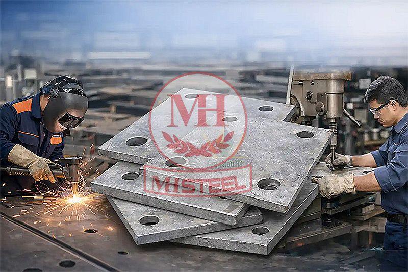 Thợ hàn sườn tăng cứng vào bản mã chân cột tại xưởng