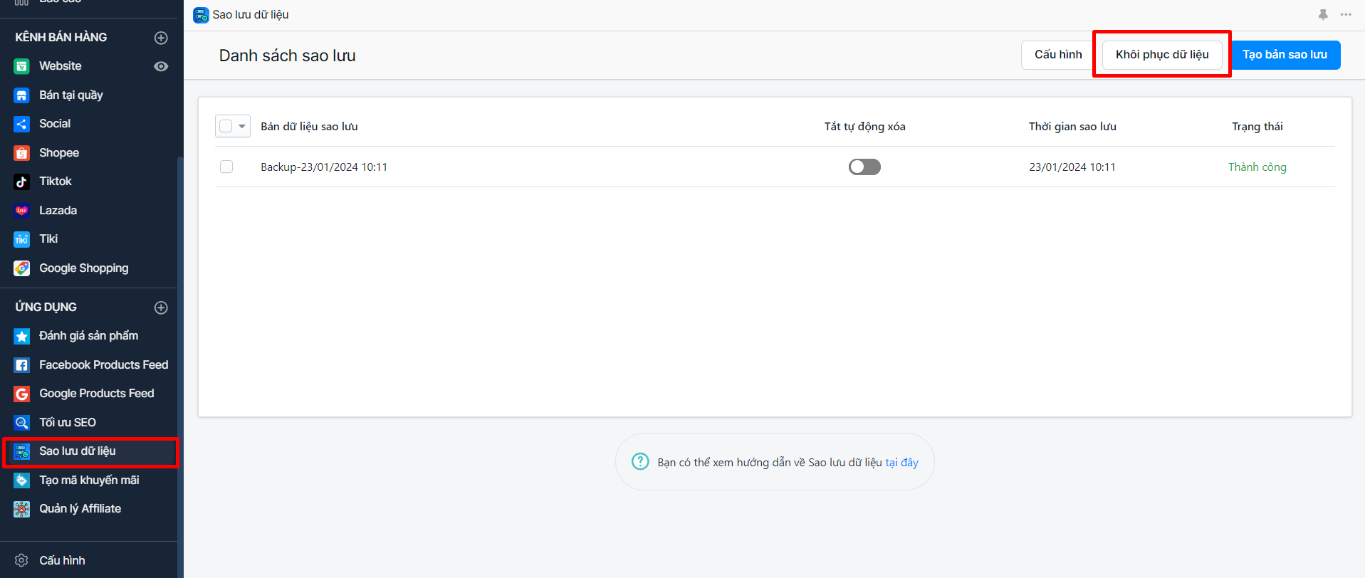 sao lưu dữ liệu