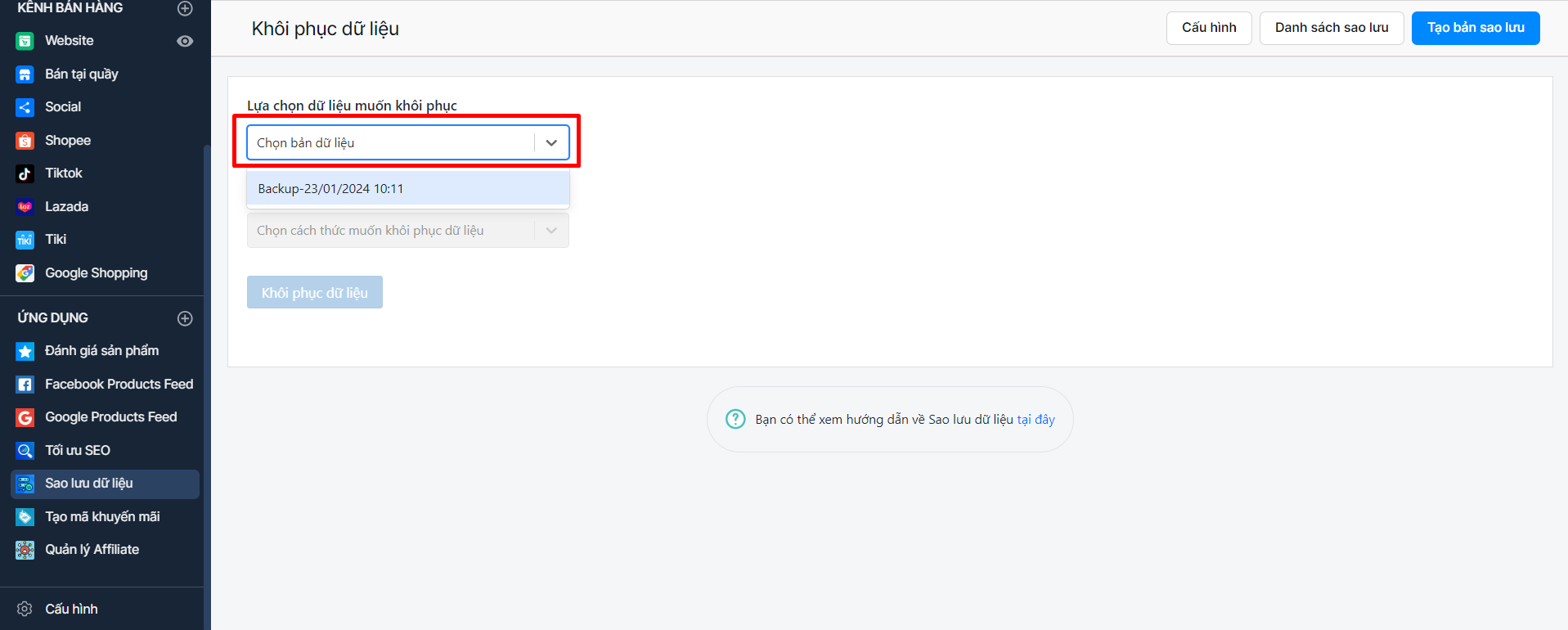 sao lưu dữ liệu