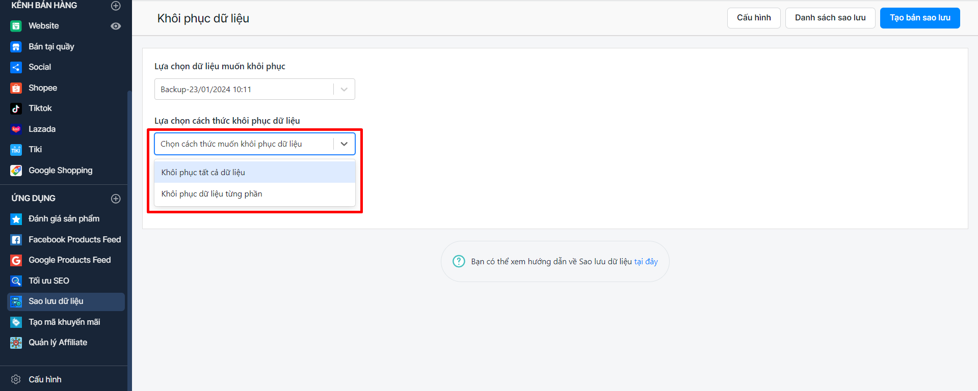 sao lưu dữ liệu