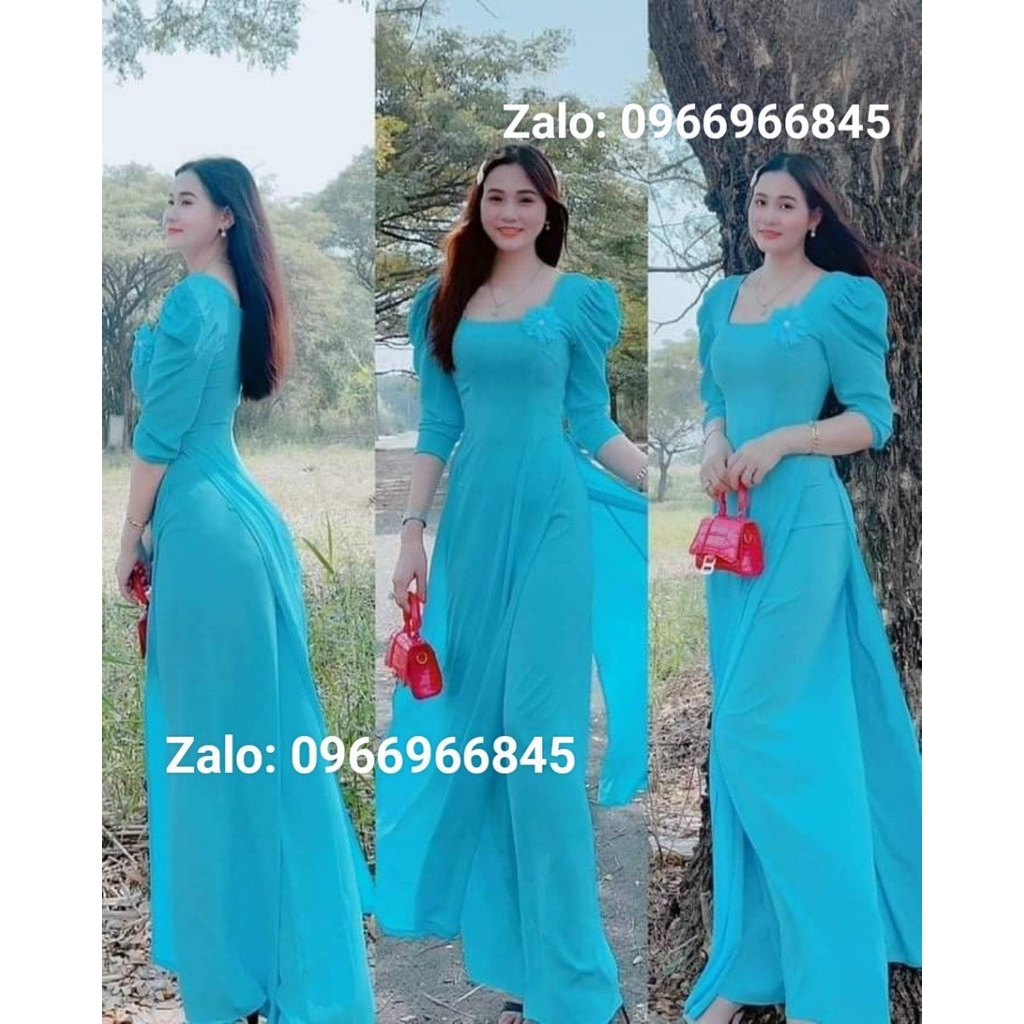 Áo dài trơn cổ vuông tay bồng đính hoa trên ngực trẻ trung - Áo Dài Đan Linh