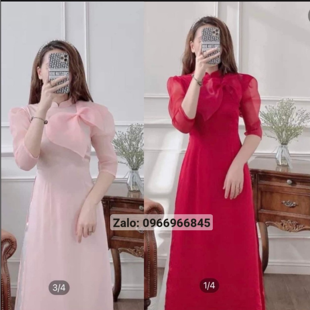 Áo dài vơn tơ 4 tà đính nơ, áo dài cách tân, áo dài dáng lỡ, sẵn hàng 2 màu hồng và đỏ