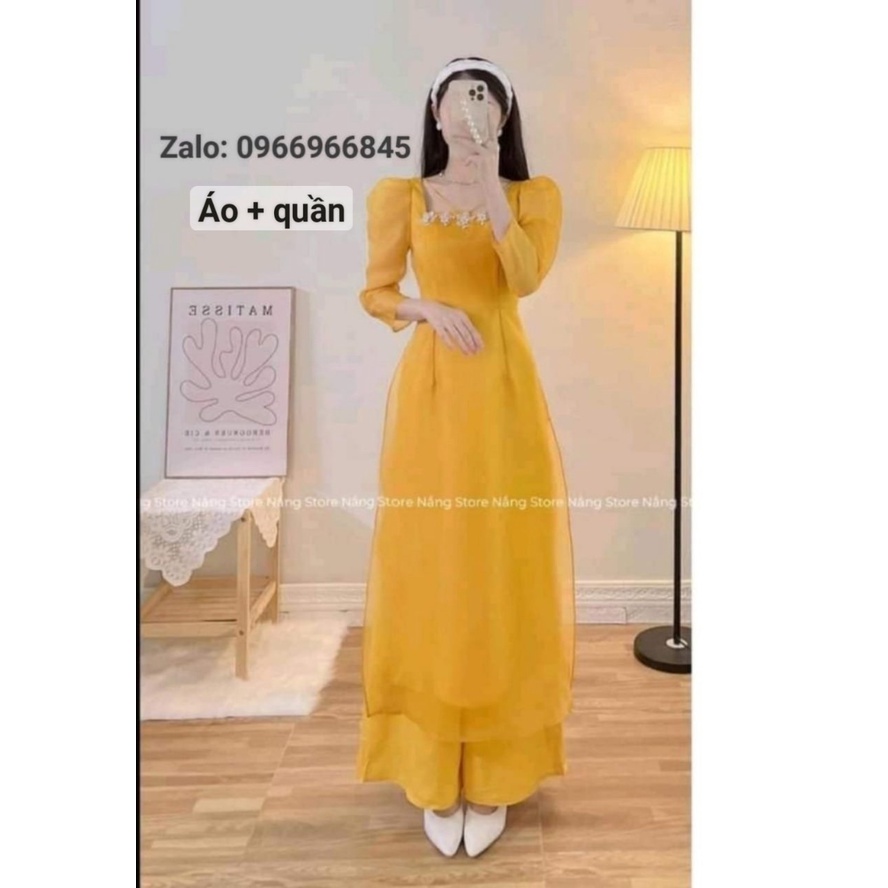 Áo dài vàng 4 tà cổ vuông tay phồng cách điệu - Áo Dài Đan Linh