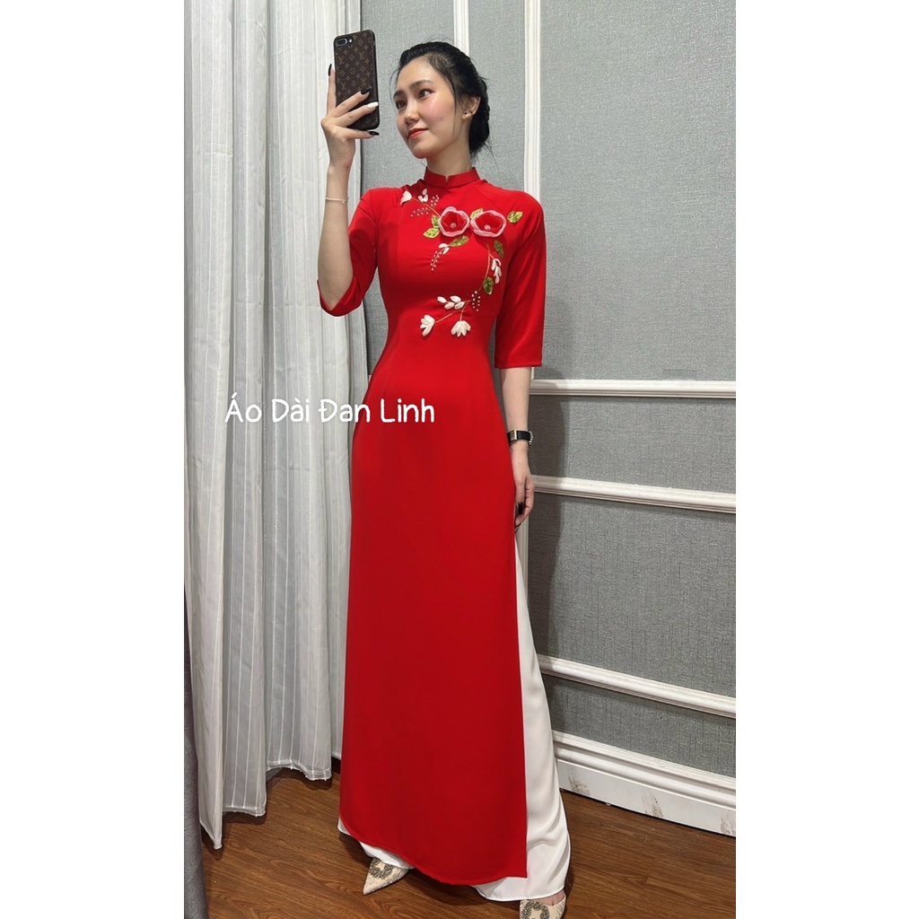 Áo dài đỏ đính hoa ruy băng, vải lụa mềm mịn có giãn - Áo Dài Đan Linh