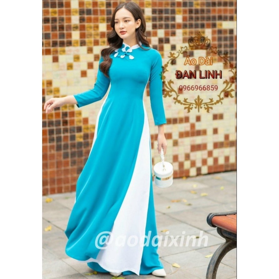 Áo dài 4 tà màu xanh cổ vịt may phối tà cực xinh - Áo Dài Đan Linh