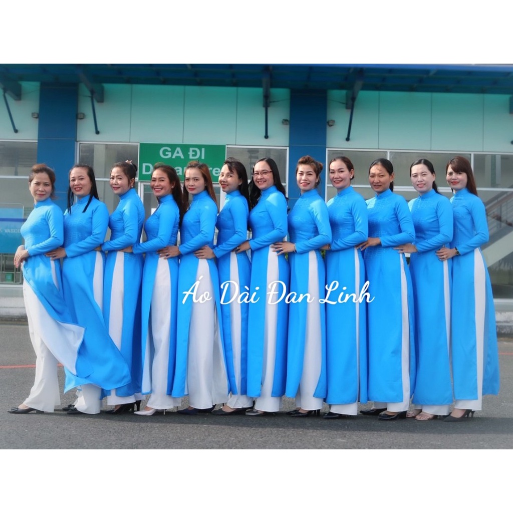 Áo dài trơn màu xanh dương, đồng phục áo dài xanh tiếp viên hàng không - Áo Dài Đan Linh