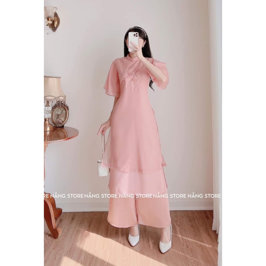 Áo dài màu hồng tay cách tân đính kết trẻ trung - Áo Đài Đan Linh