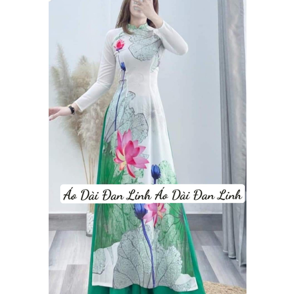 Áo dài in hoa sen trên nền trắng nổi bật, đồng phục áo dài hoa sen đẹp - Áo Dài Đan Linh